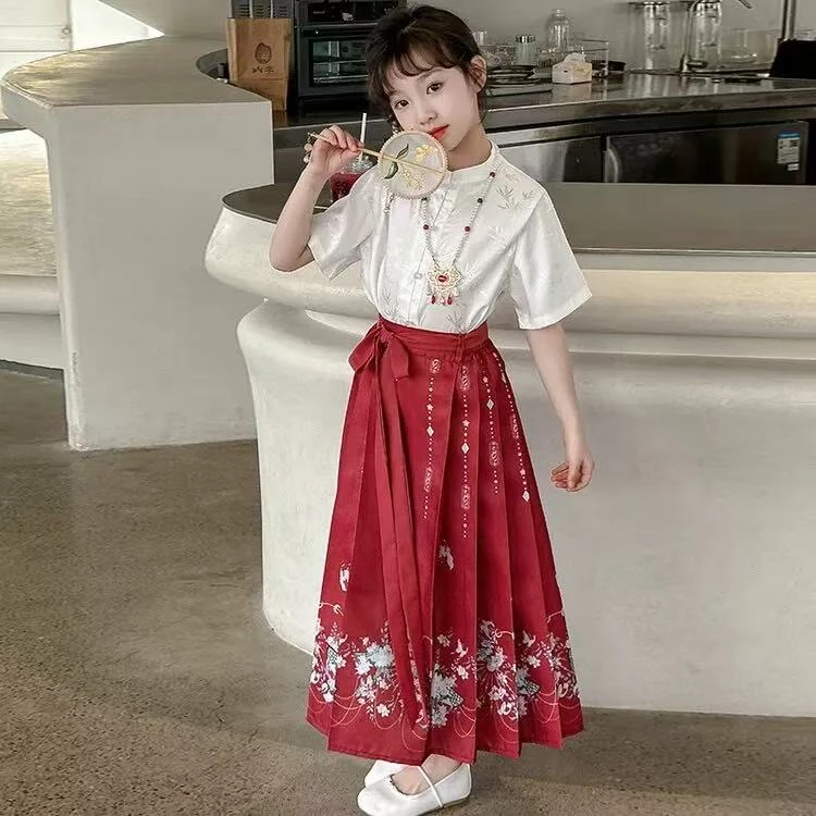 800193童装女童套装2025夏季新中式衬衫马面裙两件套套装潮酷衣服