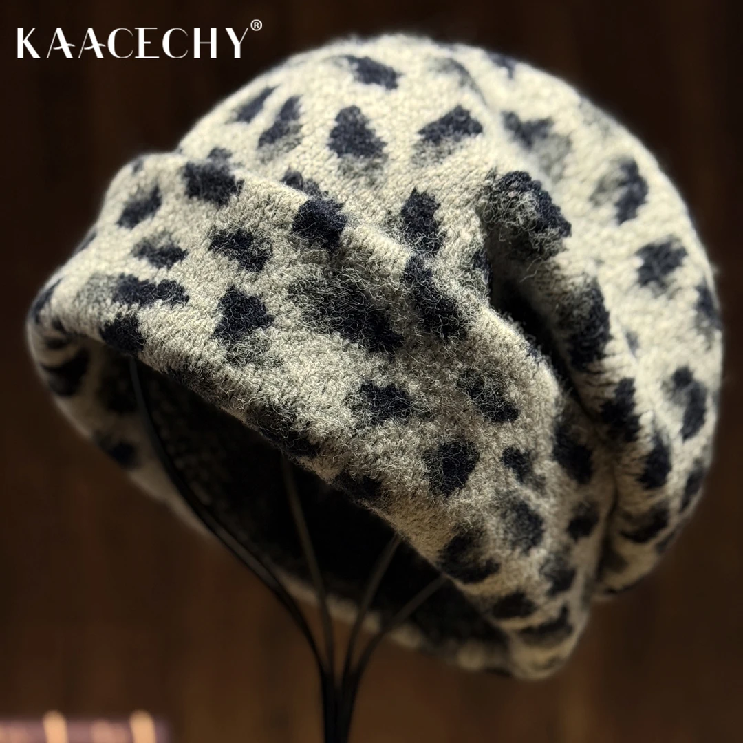 防风保暖堆堆帽子女2025新款爆款洋气时尚豹纹显脸小针织包头帽