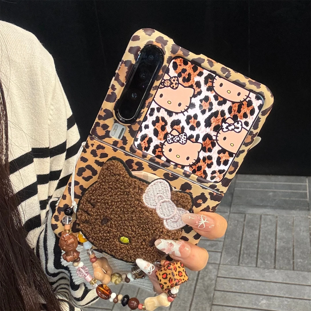 适用华为purax典藏版折叠屏手机壳PuraX棕色豹纹kt猫磁吸支架链条