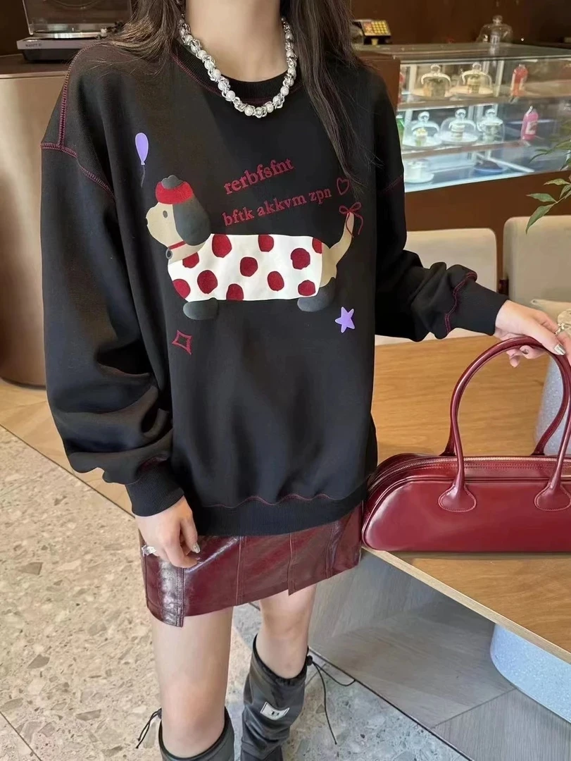 YFANXI欧洲站2024秋季新款韩版圆领印花狗狗明线百搭休闲套头卫衣