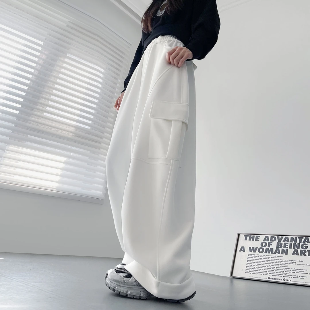 卷边阔腿裤女卫裤2025新款美式大码胖mm直筒酷飒风厚款白色工装裤