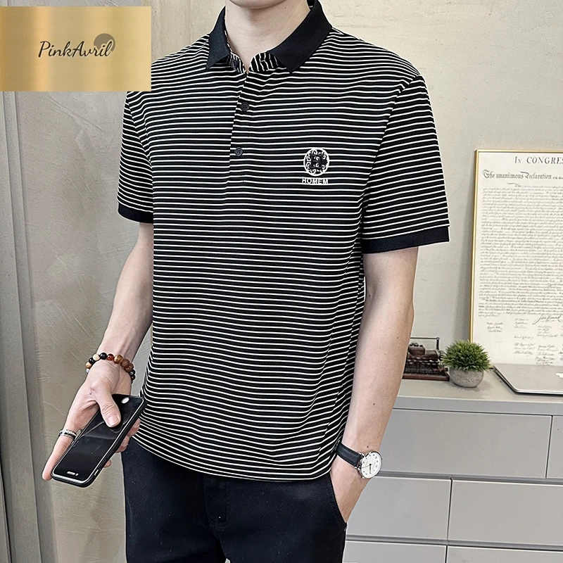 PinkAvril条纹夏装修身透气休闲上衣2025新款夏季男士冰丝polo衫
