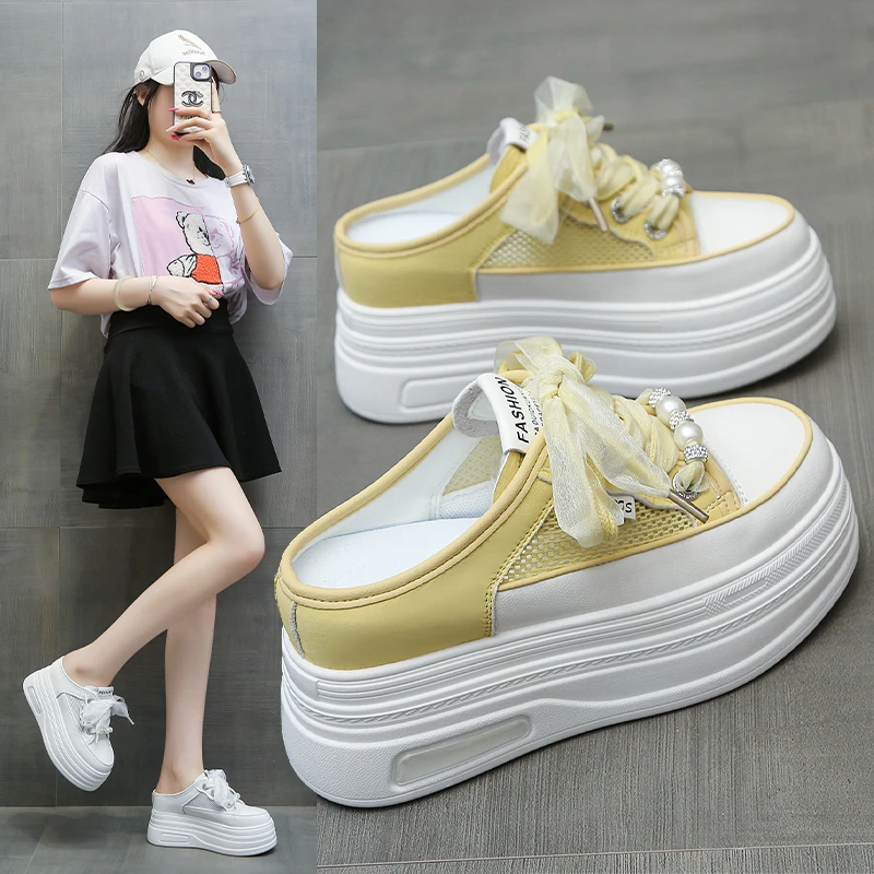 网红爆款包头半拖鞋女外穿2025夏季透气小个子厚底增高休闲小白鞋