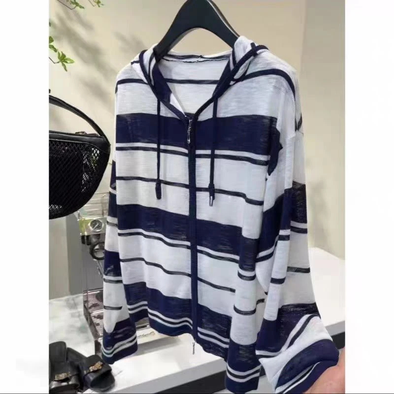 条纹连帽薄款透气针织衫女2025新款夏季拉链外套女
