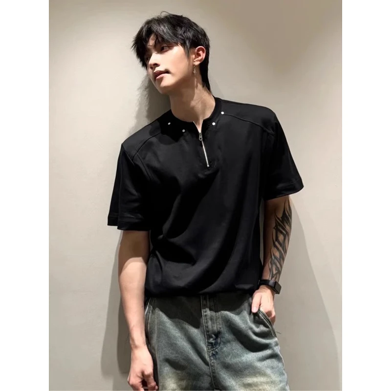 黑色正肩半拉链速干短袖男夏季铆钉设计感半袖重磅美式polo领t恤