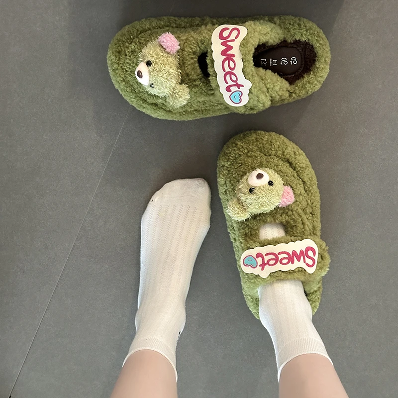 可爱卡通甜心小熊魔术贴毛毛拖鞋女士2025秋冬新款保暖外穿棉拖鞋