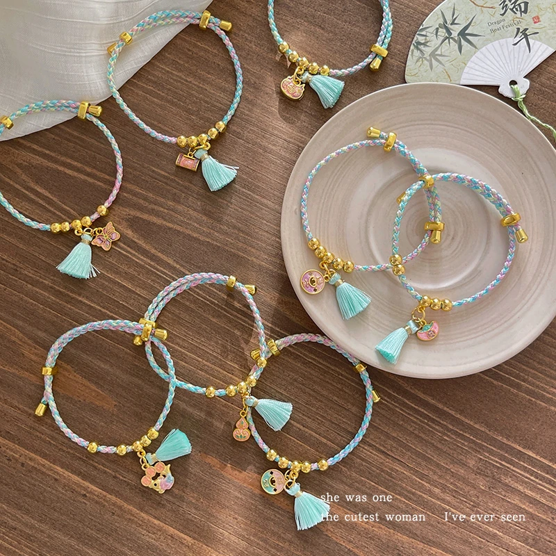 铜合金锦纶手链 端午节流苏五彩绳可调节红绳男女编织绳手串儿童