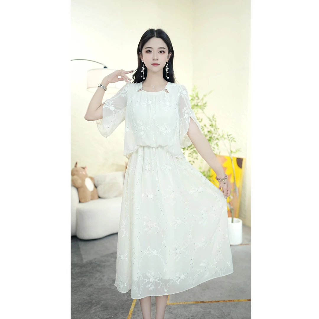 2025夏季新款高端轻奢优雅百搭遮肉显瘦修身时尚假两件连衣裙0519