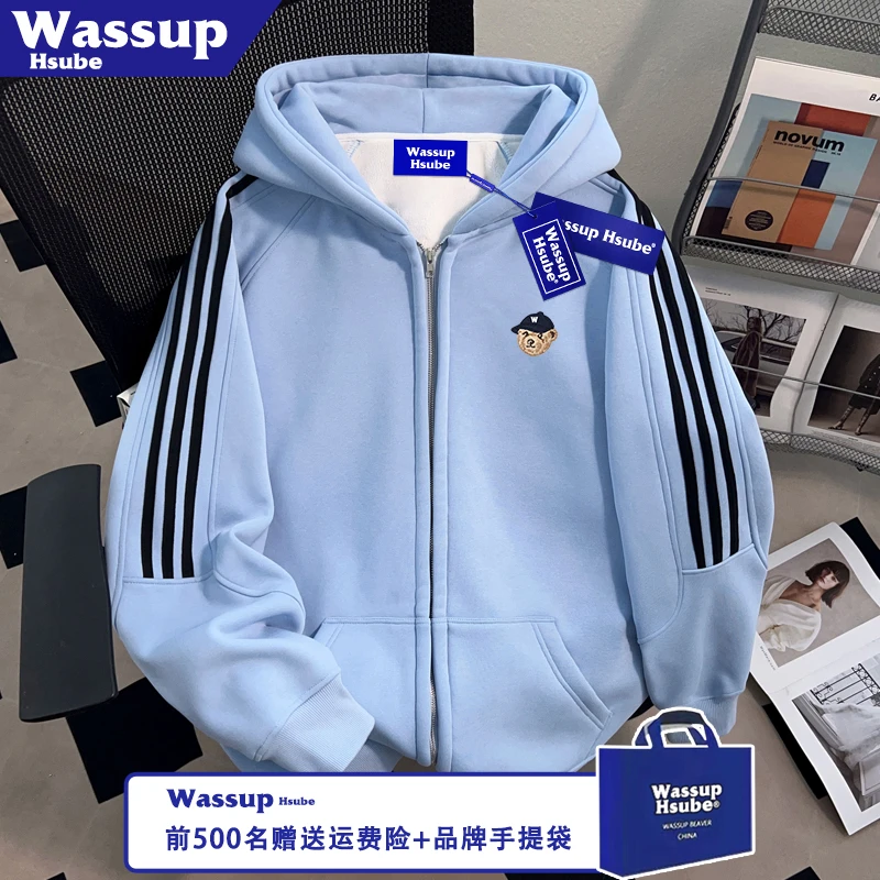 WASSUP HSUBE美式连帽加绒开衫印花男女卫衣秋冬季三条杠拉链外套
