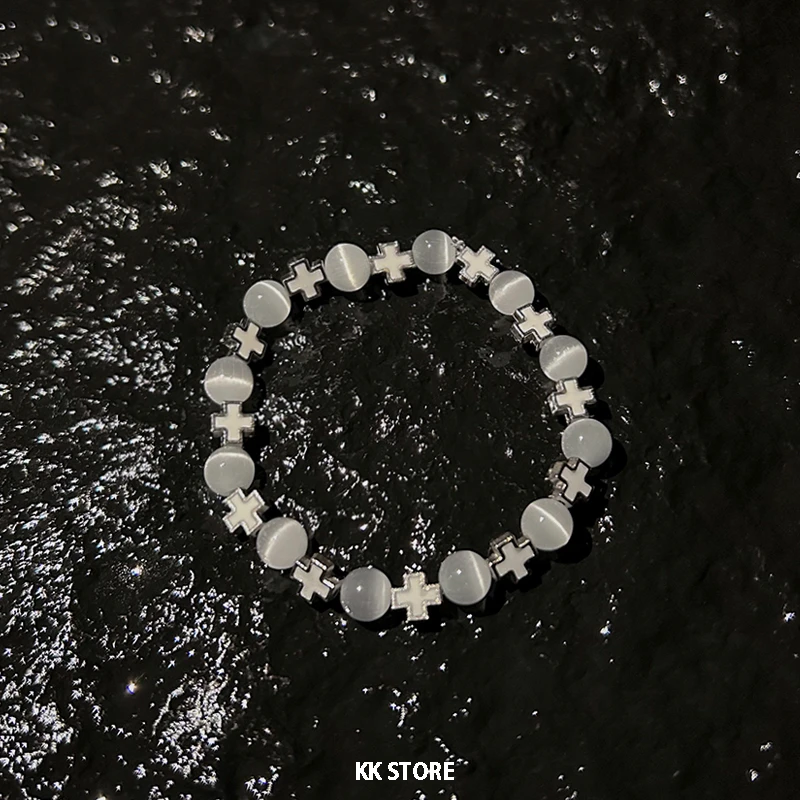 合金仿水晶手链 猫眼十字架串珠手链小众设计感百搭手串夏日饰品