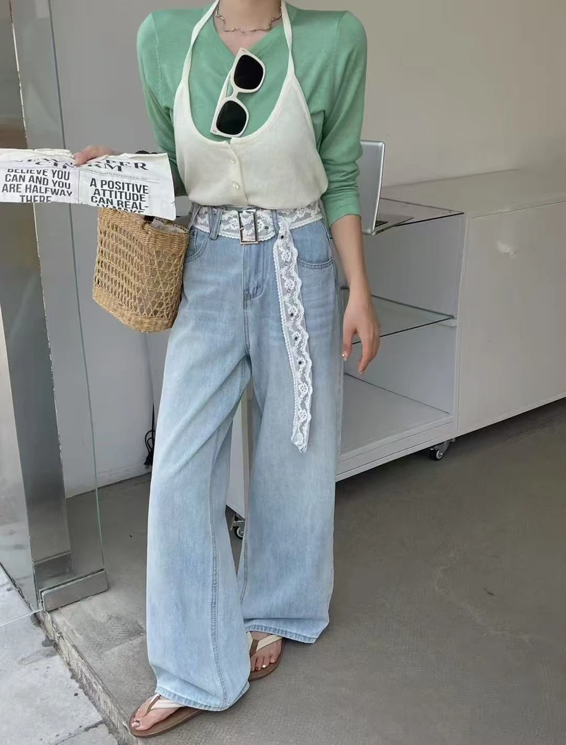 蕾丝系带阔腿牛仔裤女高腰显瘦宽松垂感直筒裤春季新款