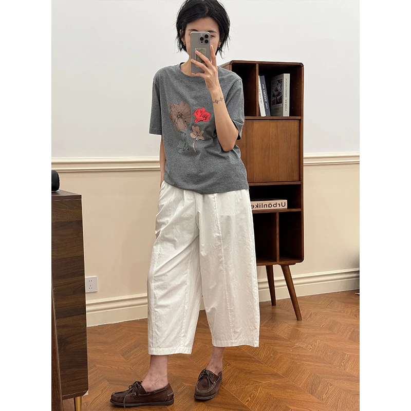 LANGQING 灰色薄款休闲宽松水彩花圆领纯棉T恤44557#