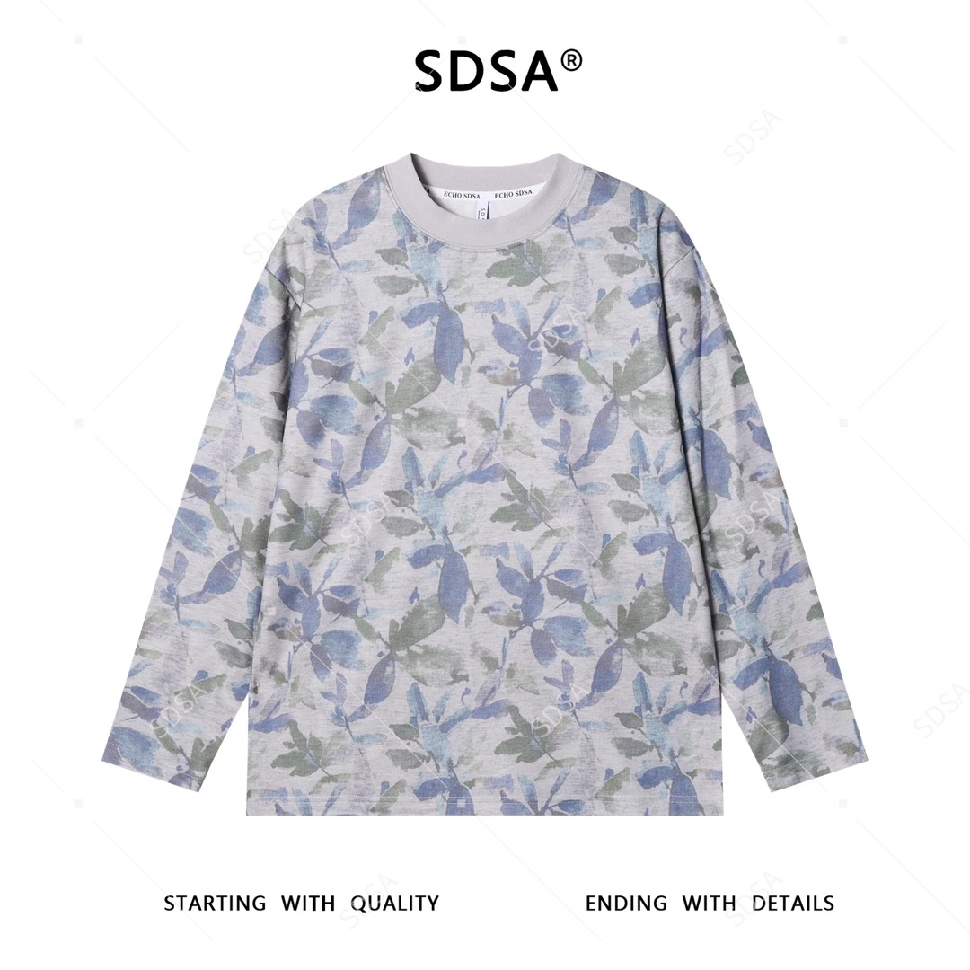 SDSA秋季新款男士痞帅水墨撞色花卉图案长袖T恤百搭圆领时尚上衣