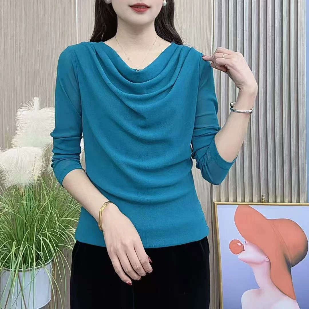 2025春季新款妈妈装纯色薄款长袖显瘦时尚堆堆领百搭打底衫1110