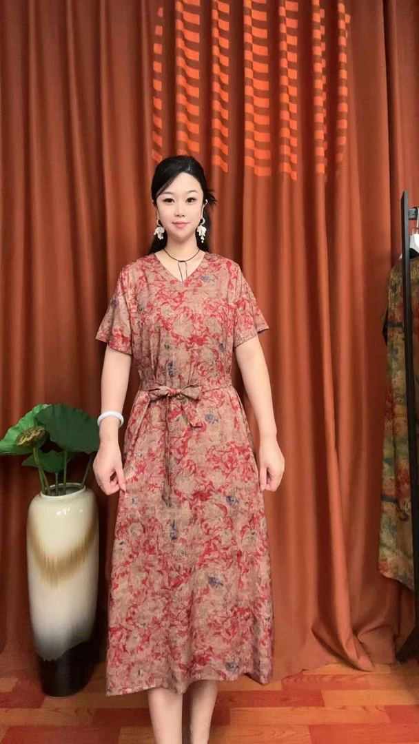 (红韵）简约V领时尚显瘦气质女装宽松中长款连衣裙---腰封
