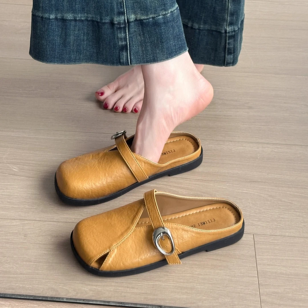 包头半拖鞋女夏季外穿2025新款一脚蹬懒人穆勒单鞋平底勃肯凉拖鞋