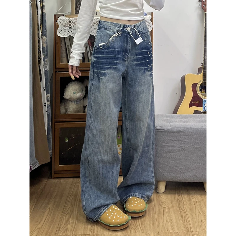 美式高街设计感铆钉竹节纹牛仔裤女秋季新款宽松显瘦阔腿直筒裤子