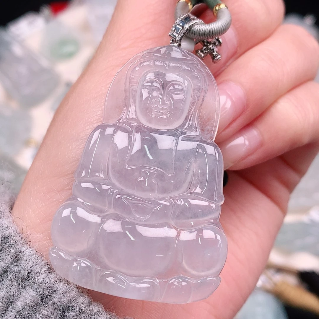 翡翠颈饰18K金镶嵌高冰玻观音58.5、50、34.6、5