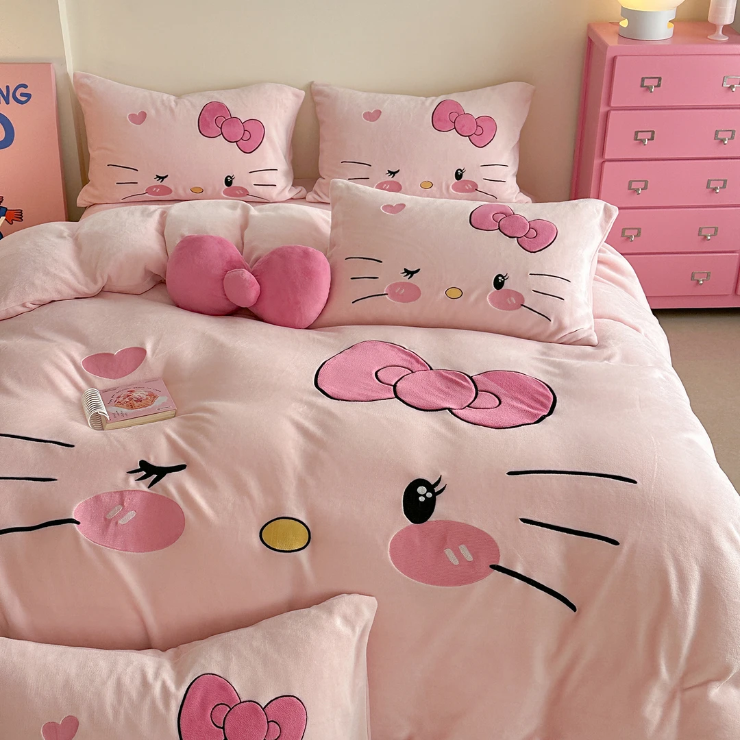 可爱KT猫牛奶绒四件套全消光0静电床上用品被套床单卡通加厚保暖