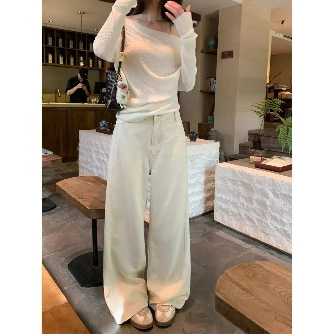 53031奶呼呼~奶油包韩标工作室高腰牛仔阔腿裤