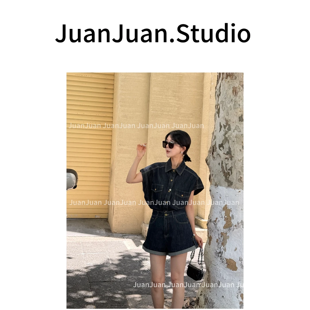 【仲夏假期】牛仔棉套装polo领上衣＋个性短裤两件套