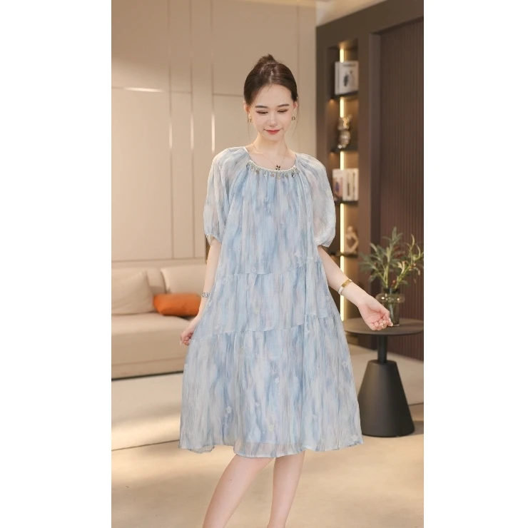 【LINXUAN】夏日浅蓝色慵懒感印花天丝渐变欧货连衣裙女2025新款