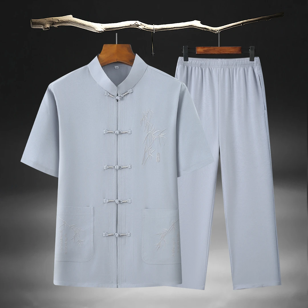 唐装男士中老年爸爸装夏季凉爽短袖套装中国风夏款冰感衬衫