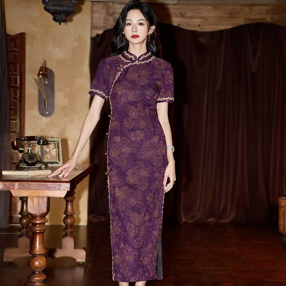 高档中国风旗袍女连衣裙2025夏季新款蕾丝改良复古长款修身旗袍裙