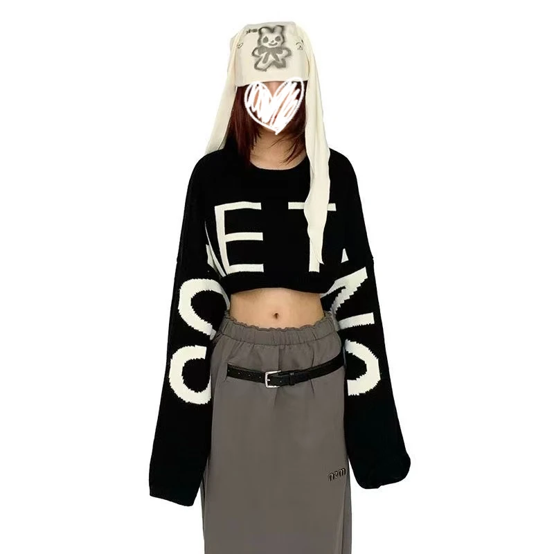 法式复古超大袖子印花休闲短款毛衣女装秋季时尚设计感显瘦小上衣