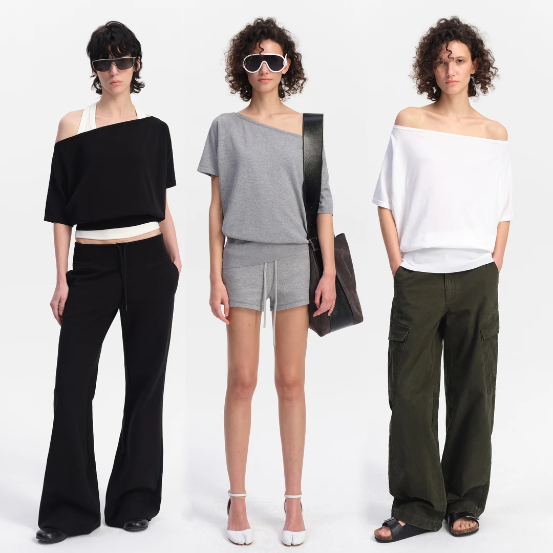 SMIIILE气质两穿一字领斜肩宽松显瘦针织衫上衣短袖t恤 白色/黑色