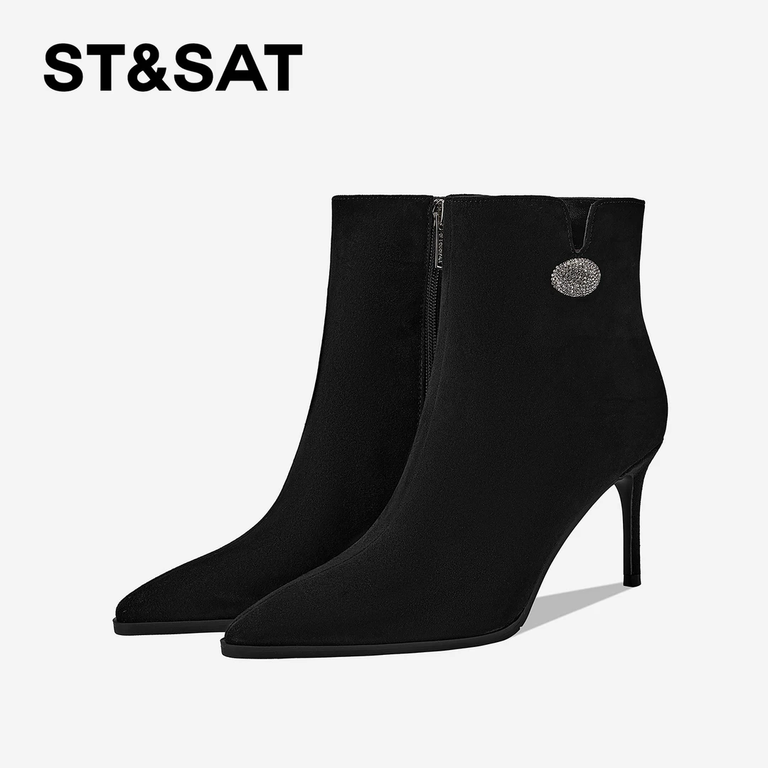St&Sat/星期六黑色尖头细跟短靴水钻装饰高跟时装靴优雅百搭女靴