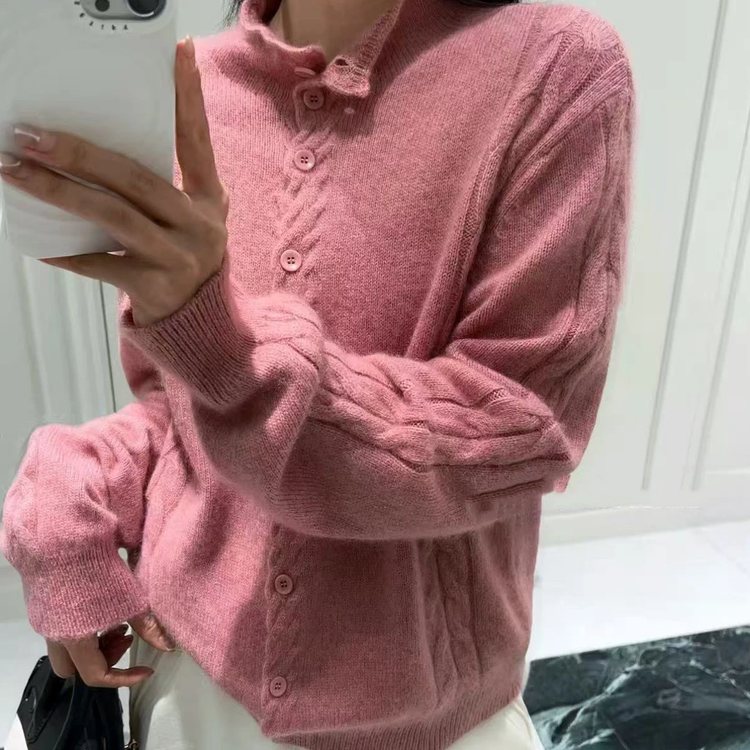 珊珊家麻花扭结半高领软糯宽松显瘦韩系百搭长袖针织开衫新款