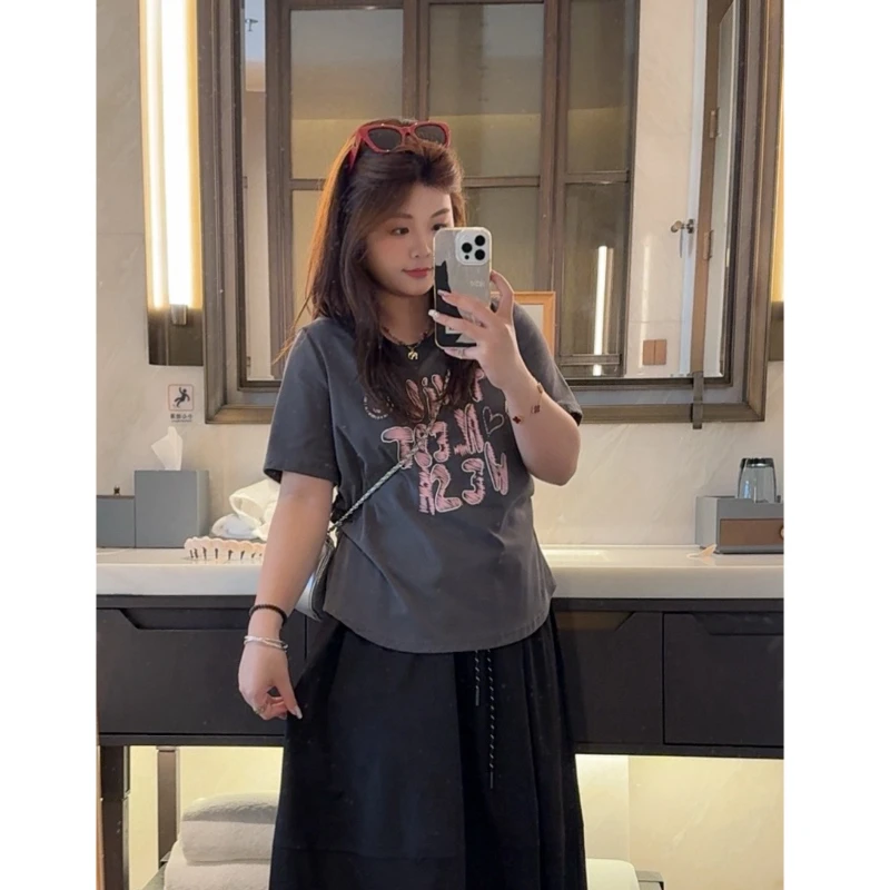 2025夏季新款夏装胖mm大码爱心字母印花褶皱短袖T恤修身显瘦上衣