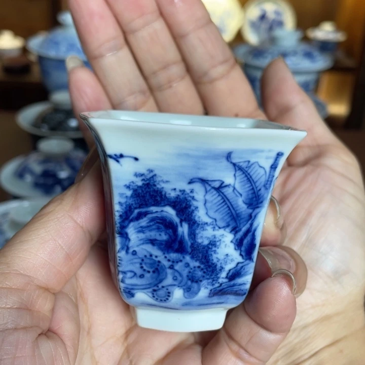 青花手工手绘四方杯