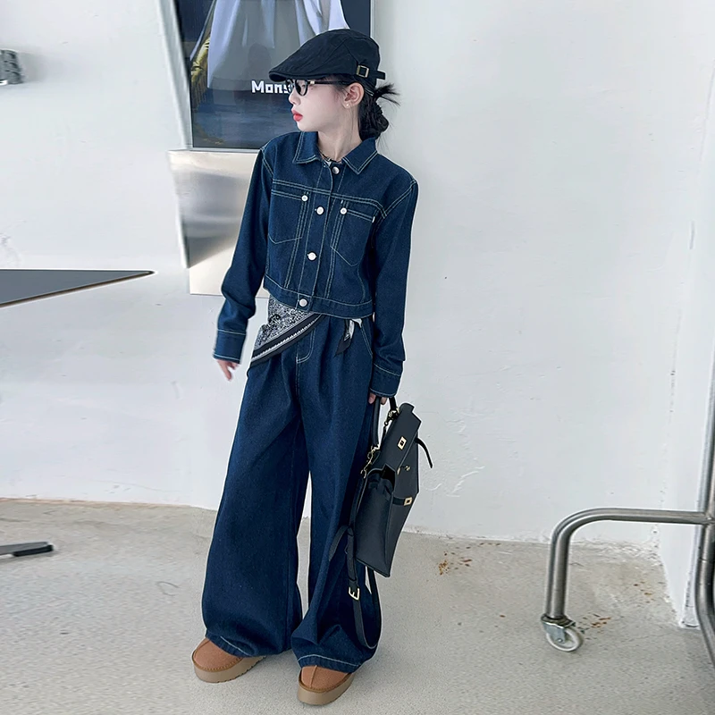 女童牛仔套装春秋新款中大童复古港风2025时髦上衣阔腿裤两件套潮