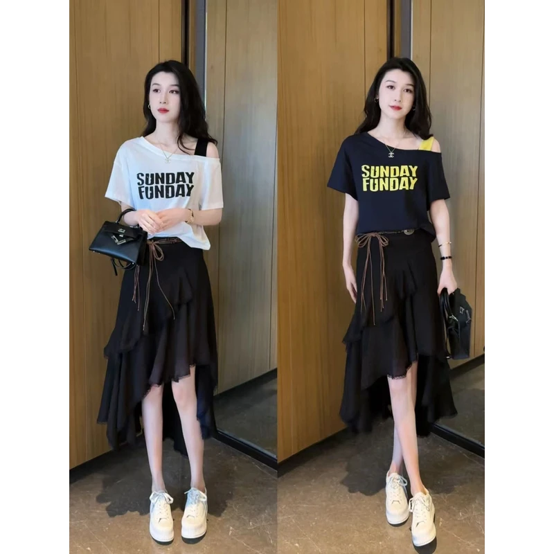 2025夏季新款时尚休闲气质T恤上衣+云裳叠雪半身裙套装