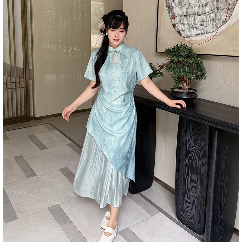 码加加51163新中式国风晕染不规则改良旗袍精致显瘦大码连衣裙