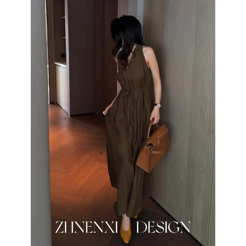 针西【墨绿之境】高个子法式时尚高腰无袖夏季长款连衣裙S70335