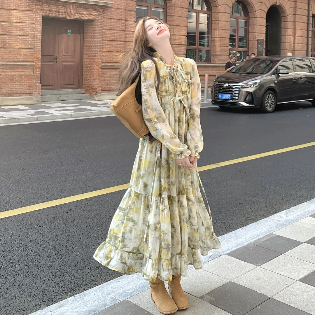 KALUOLAI/卡洛莱碎花印花法式拼接套头连衣裙秋季甜美裙子打底裙