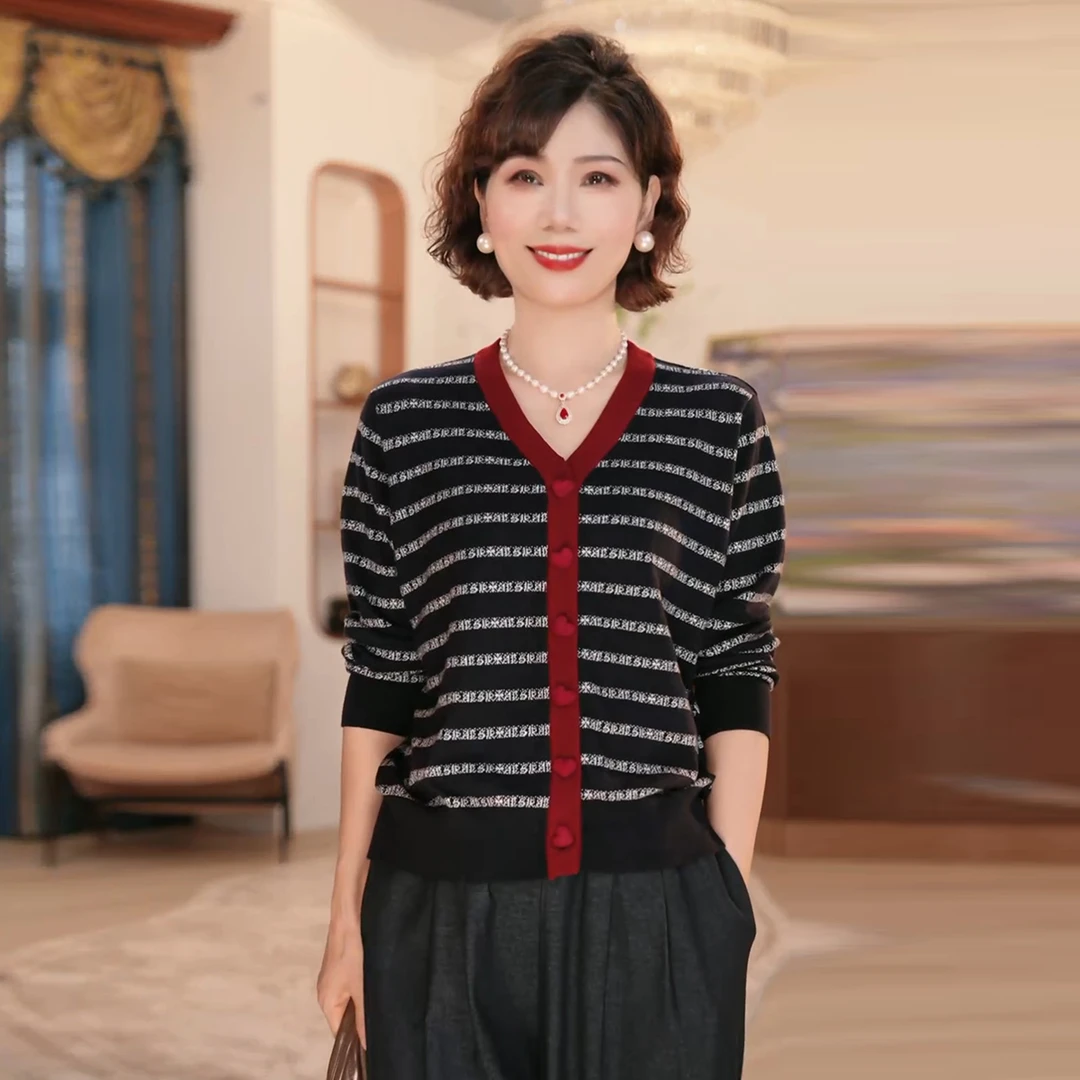 妈妈装时尚V领针织小衫2025新款秋季中老年女装减龄显瘦打底上衣