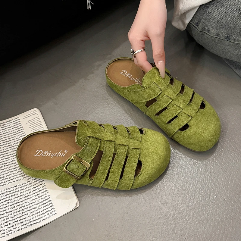 复古猪笼勃肯鞋女百搭2025新款春夏外穿一脚蹬懒人镂空包头半拖鞋