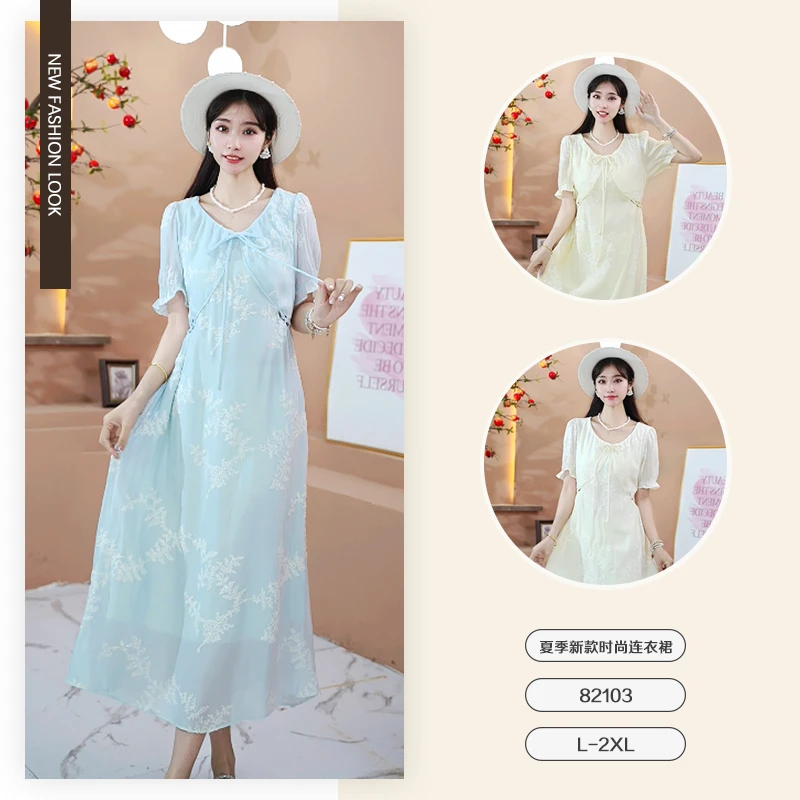 2025夏季新品时尚刺绣短袖连衣裙-82103