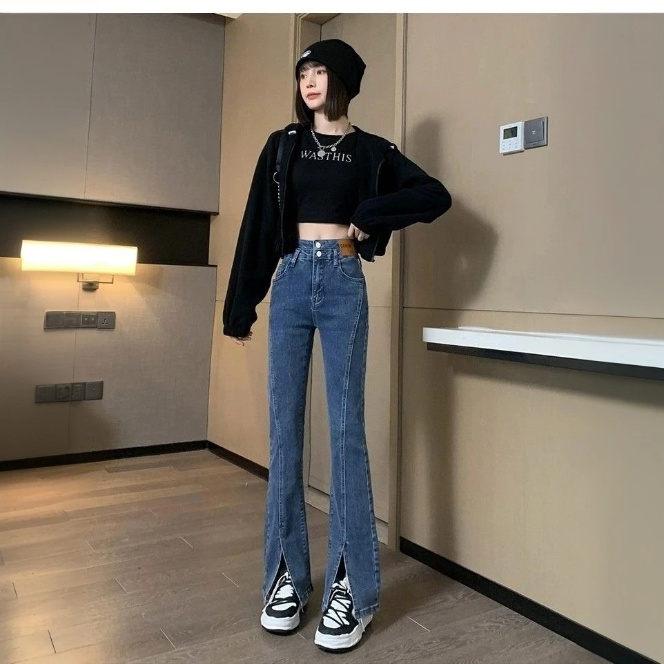 牛仔裤女款长裤2025新款春夏秋季高腰显瘦马蹄开叉百搭微喇叭裤子