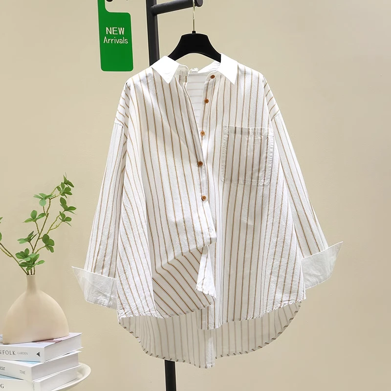 中长款慵懒风条纹衬衫女外套早春新品宽松休闲上衣百搭大码显瘦
