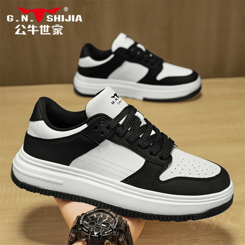 公牛世家2025新款男户外休闲运动板鞋爆款透气熊猫小白鞋增高男鞋
