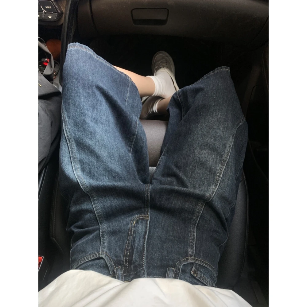 复古美式慵懒感阔腿七分裤女2025春夏宽松阔腿休闲直筒廓形牛仔裤