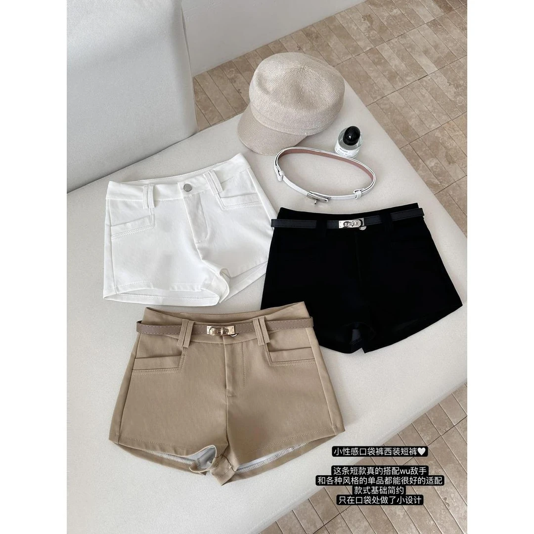 基础款百搭腰带短裤女春夏辣妹高级感显瘦休闲卡其色热裤配腰带女