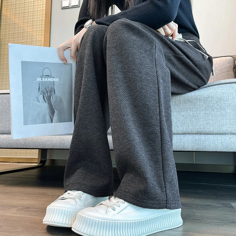 人字纹窄版毛呢阔腿裤女小个子垂感大码加绒加厚直筒长裤子秋冬季