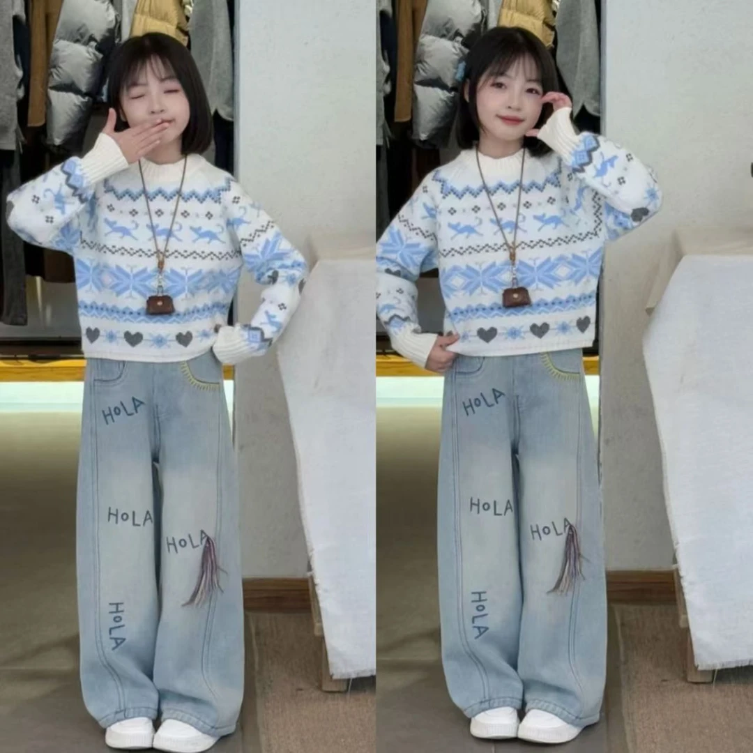 女童牛仔裤春秋2025新款儿童直筒裤子宽松女大童春装阔腿裤初中生