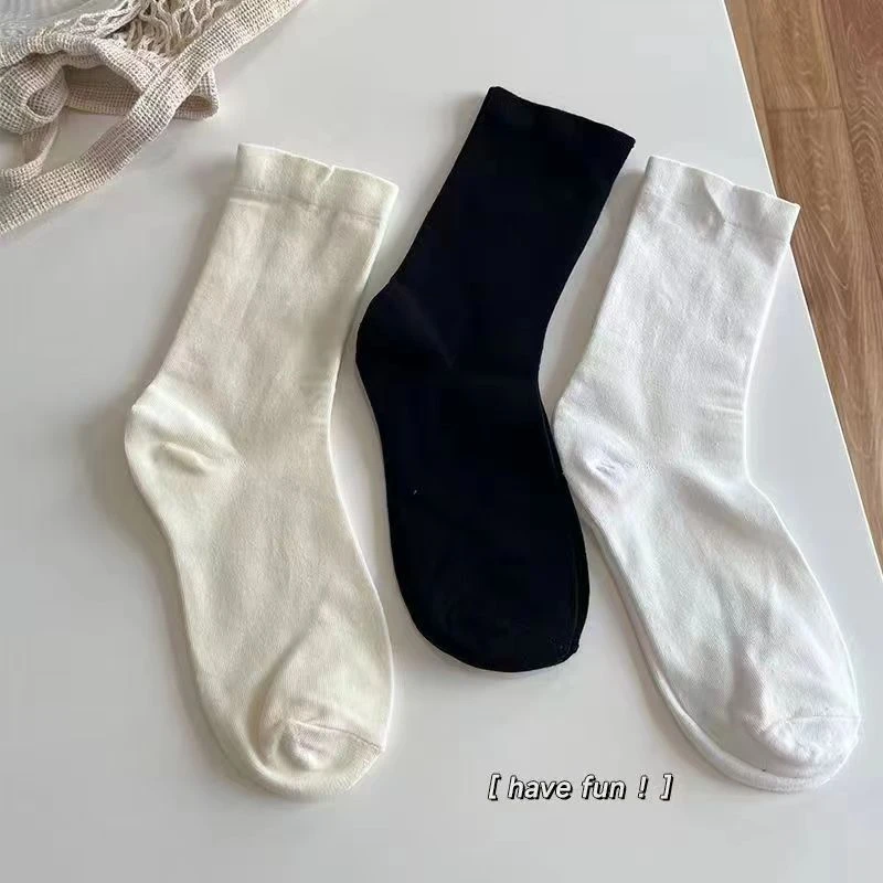 （5双装）袜子女简约ins百搭纯色白袜子男学生情侣中筒袜女士堆堆袜